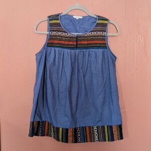 Pleione Breezy Chambray Embroidered Sleeveless Top